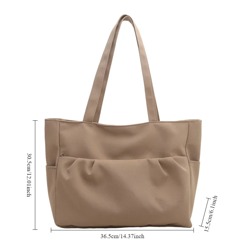 Ingvn  Casual Early Autumn Women Nylon Large Capacity Smooth Shoulder Bag Commuter Supple Solid Colour Ruched Outer Pocket Handle Bag