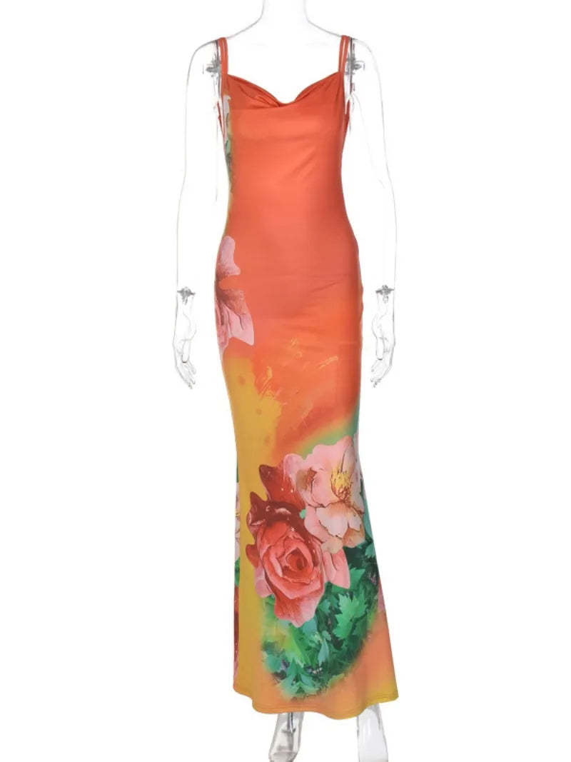 Ingvn  Summer Sexy Backless Flower Printed Long Slip Dress Streetwear Women's Sleeveless High Waist Bodycon Holiday Party Dresses