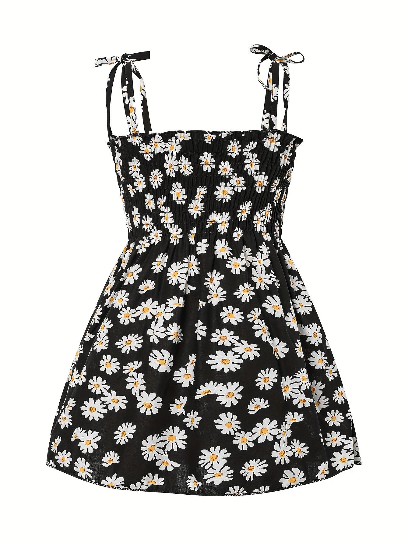 Cotton Little Girls Brief Slip Dress - Shirred, Random Daisy Print, Non-Stretch, Regular Fit, Cute Style - Perfect for Summer Beach Vacation and Outdoor Play