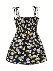 Cotton Little Girls Brief Slip Dress - Shirred, Random Daisy Print, Non-Stretch, Regular Fit, Cute Style - Perfect for Summer Beach Vacation and Outdoor Play