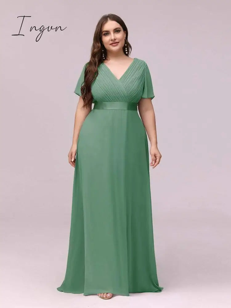 Ingvn - Summer Outfits New Women Plus Size Evening Dresses Long Elegant A Line V Neck Ruffles Chiffon Formal Wedding Party Dress Robe De Soiree