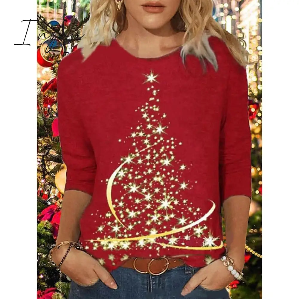 Ingvn - Women's Shirt Dark Green Peacock Blue Brick red Christmas Tree Print Long Sleeve Christmas Holiday Casual Round Neck Regular Floral S