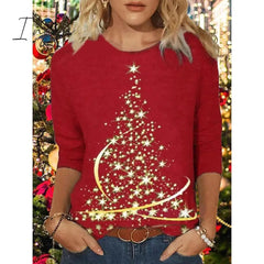 Ingvn - Women's Shirt Dark Green Peacock Blue Brick red Christmas Tree Print Long Sleeve Christmas Holiday Casual Round Neck Regular Floral S