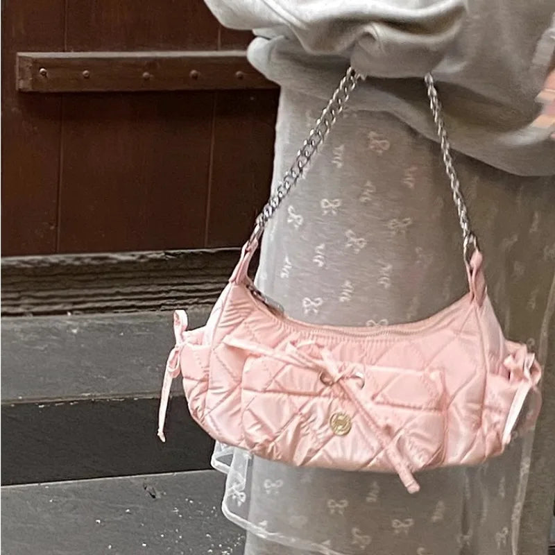 INGVN  Elegant Pink Shoulder Bag for Women Summer Fashion Leather Casual Cute Handbag Chains Hot Girls Daily Gentle Armpit Bag