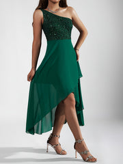 Sequin One-shoulder Tulip Dress, Elegant Sleeveless Dress For Party & Banquet, Women's Clothing