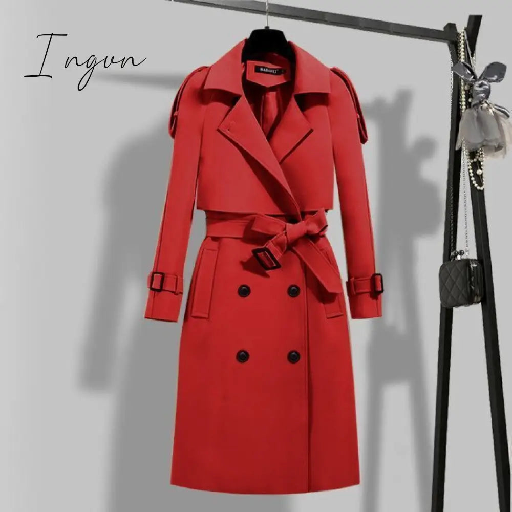 Ingvn - Women Trench Coat Solid Double Breasted Trench Autumn Winter Elegant Vintage Turn-down Collar Warm Windproof Trench with Belt