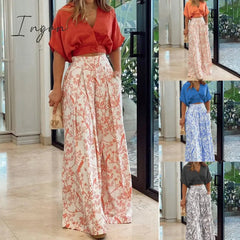 Ingvn - 2023 Fashion Summer Autumn Two Piece Sets Womens Fashion Sexy Mid Sleeve Shirt Elgant Floral Print Wide Leg Pant Suit Casual 2pcs Set Women