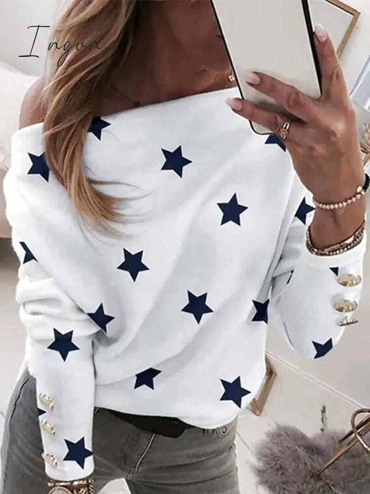 Ingvn - Women's Sweatshirt Pullover Basic White Beige Graphic Street V Neck Long Sleeve Top Micro-elastic Spring &  Fall