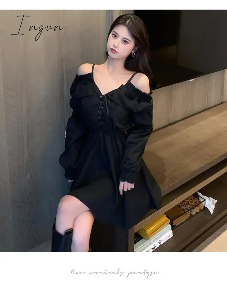 Ingvn - Gothic Black Dress Women Casual Button Lace Evening Party Sexy Mini Dress Female Long Sleeve One-piece Dress Korean Autumn