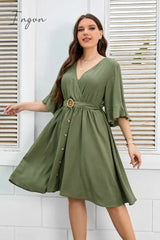 Ingvn - Plus Size Surplice Neck Half Sleeve Dress