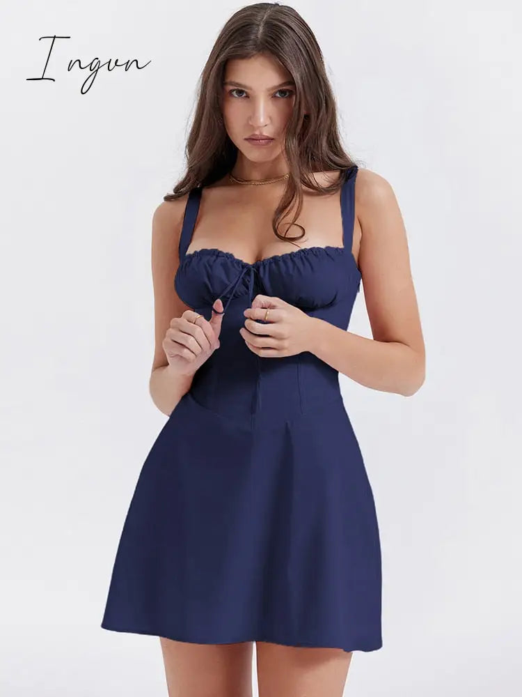 Ingvn - Spaghetti Strap Backless Mini Dress Women A-line Lace Up Sleeveless Robe Ladies Elegant Holiday Sexy Party Dress