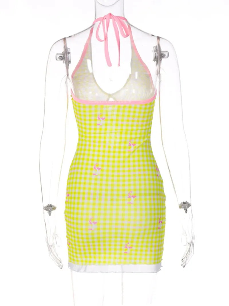 Ingvn  Autumn Halter Backless Print Yellow Mini Dress Streetwear Fashion Sexy V-neck Hollow Out Slim Sleeveless Party Club Dresses