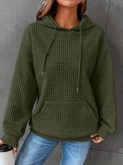 Waffle Grid Kangaroo Pocket Hoodie, Casual Long Sleeve Drawstring Hoodies Sweatshirt, Women's Clothing