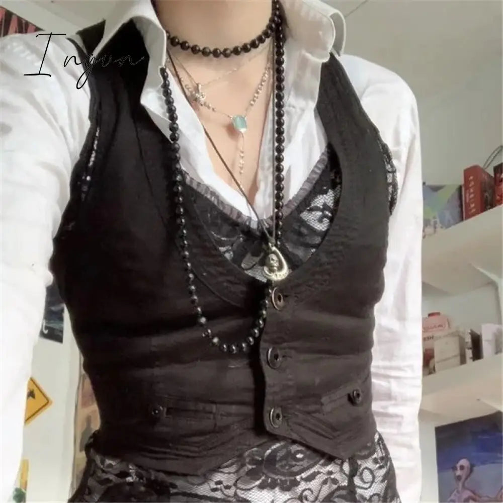 Ingvn - y2k Button Corset Top Black Sleeveless Tank Tops Skinny V Neck Aesthetic Punk Crop Top Grunge Fairycore Women Vests