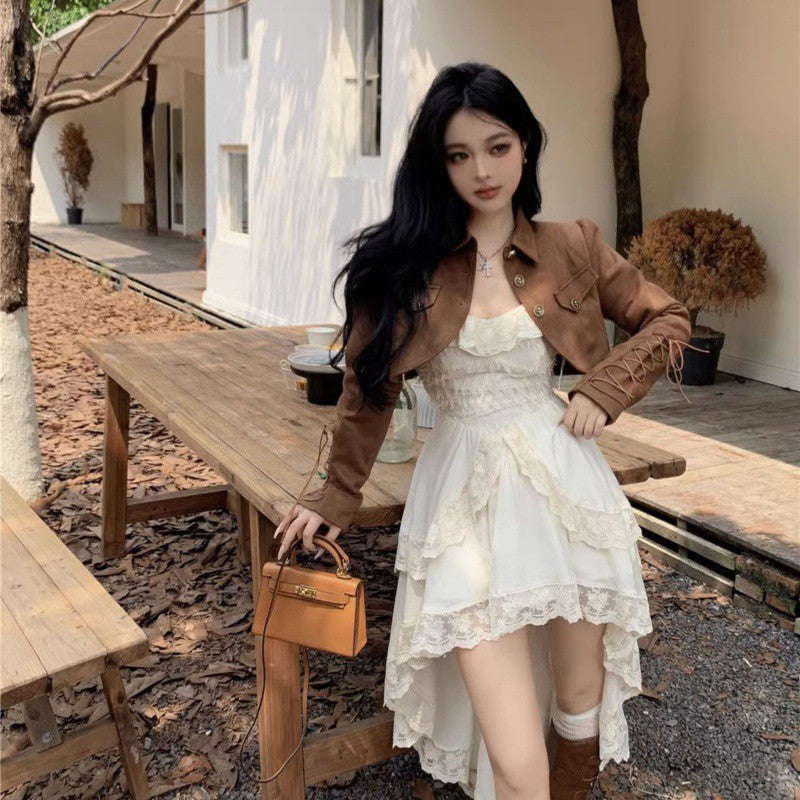 Pphmm 2000s fashion Pure Desire Temperament Sling Dress Women's Early Autumn Popular Suit Retro Motorcycle Short Coat Two-Piece Set