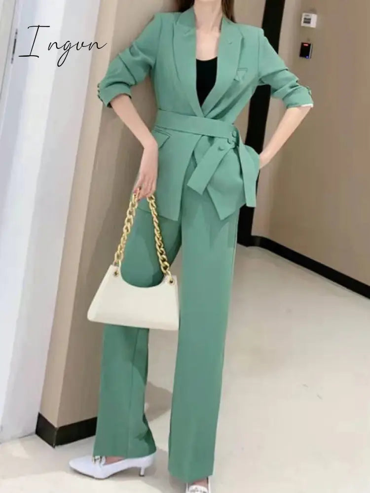 Ingvn - Spring Autumn Women Elegant Lace Up Blazers Two-Piece Set Office Ladies Purple Pantsuit  Work Clothes Business Suit