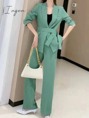 Ingvn - Spring Autumn Women Elegant Lace Up Blazers Two-Piece Set Office Ladies Purple Pantsuit  Work Clothes Business Suit