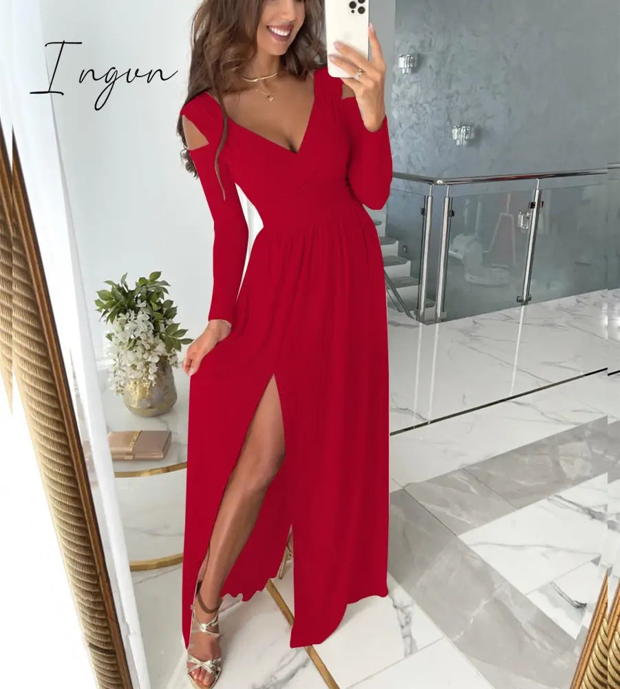 Ingvn - Sexy Long Evening Dress Elegant Dress For Women V-neck Side Split Party Dresses Female Summer Fashion Casual Club Ladies Clothes