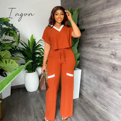 Ingvn - Summer Fashion Casual Two Piece Set Women V Neck Short-sleeved T-shirt Elastic Straight Pants Two Piece Suit Women