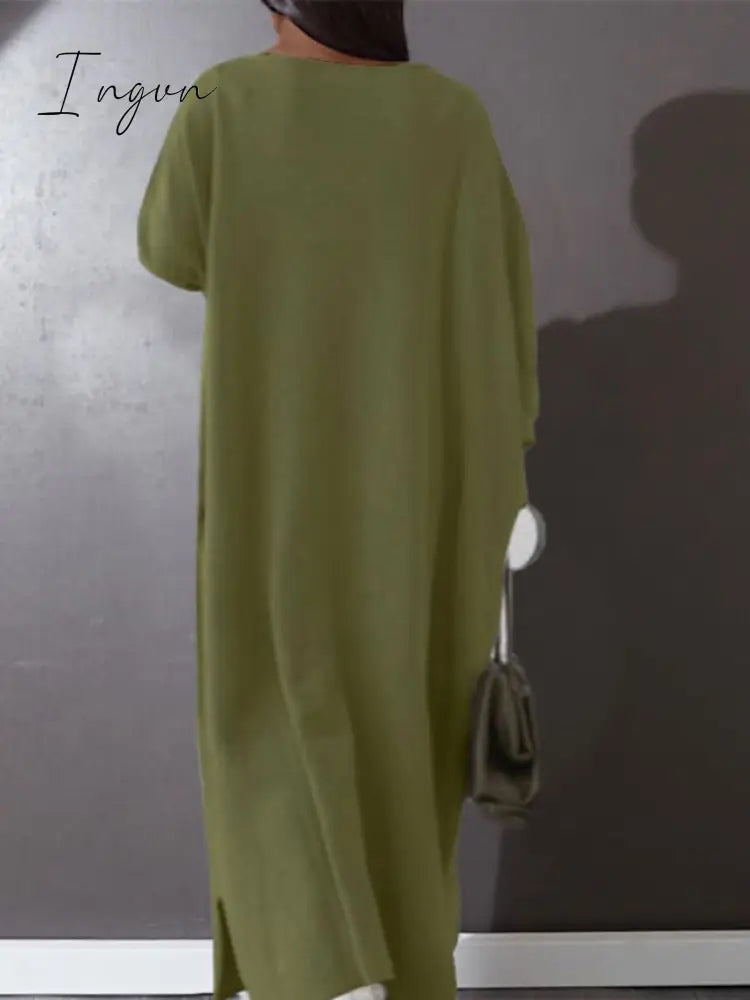 Ingvn - Women's Plus Size Casual Dress Solid Color V Neck Long Sleeve Winter Fall Basic Casual Maxi long Dress Daily Vacation Dress