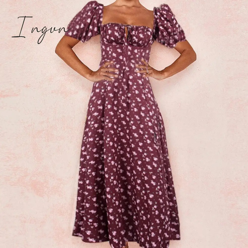 Ingvn - Summer Women's Wear, Bohemian Style Bubble Sleeve Floral Split Long Dress, High Waist Sexy Party Elegant Bandage Dress