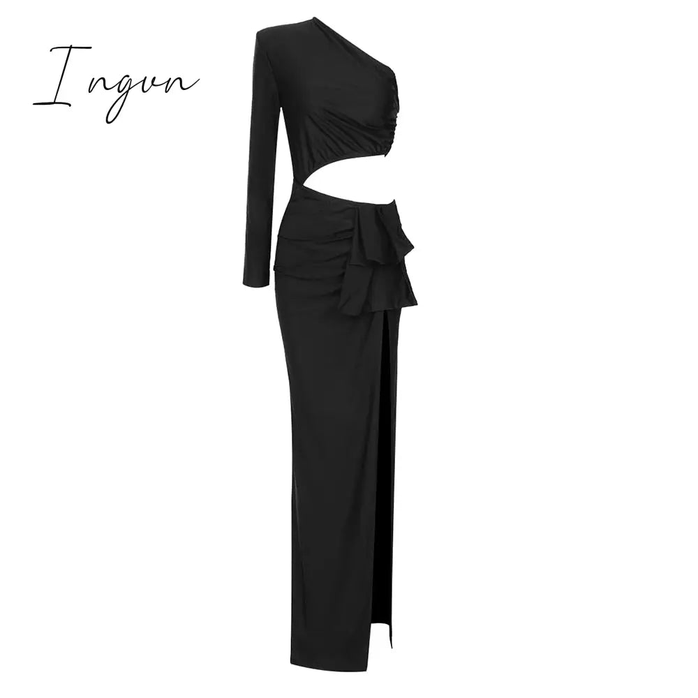 Ingvn - VC Black Long Dress Women Diagonal Collar One-Shoulder High Slit Ruched Design Evening Party Dress Autumn Winter New