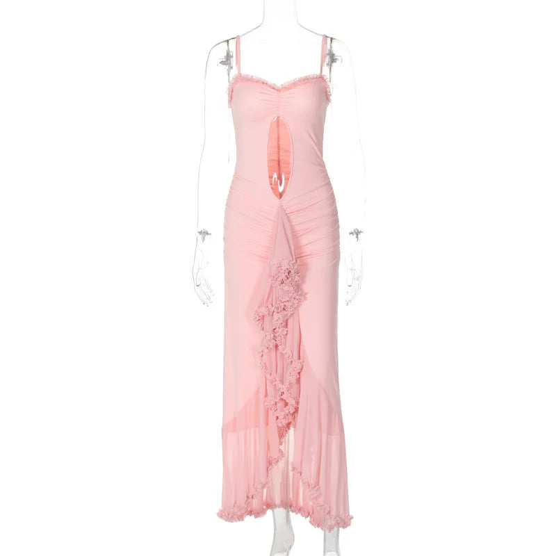 Ingvn  Woman Clothing  Summer Sexy Hollow Out Ruched Mesh Evening Dress Female Sleeveless Irregular Slim Long Party Dresses Pink