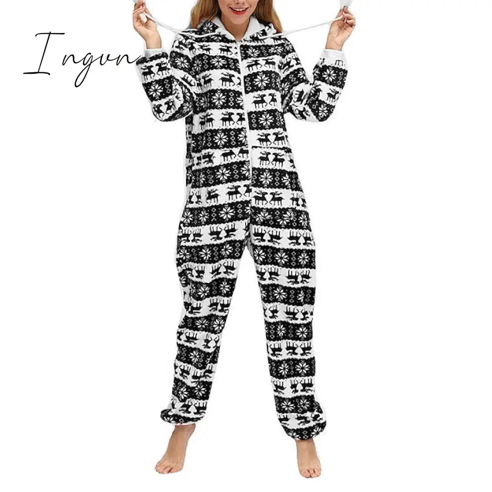 Ingvn - Women's Pajamas Jumpsuit Elk Snowflake Warm Fashion Casual Home Christmas Daily Polyester Breathable Hoodie Long Sleeve Pocket Fall Winter Black White