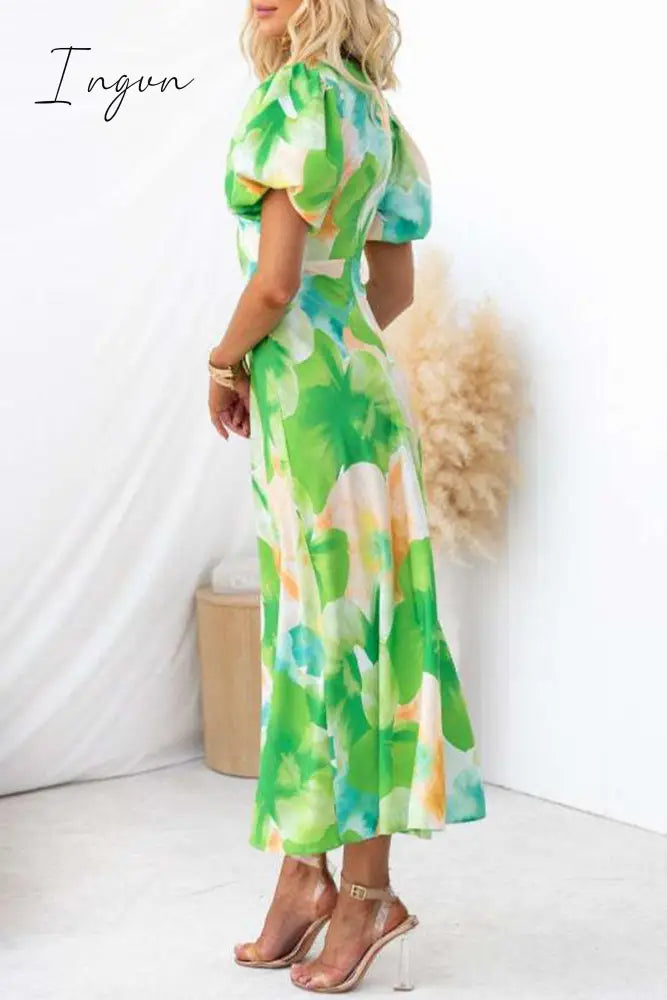 Ingvn - Sexy Vacation Gradual Change Print Hollowed Out V Neck A Line Dresses