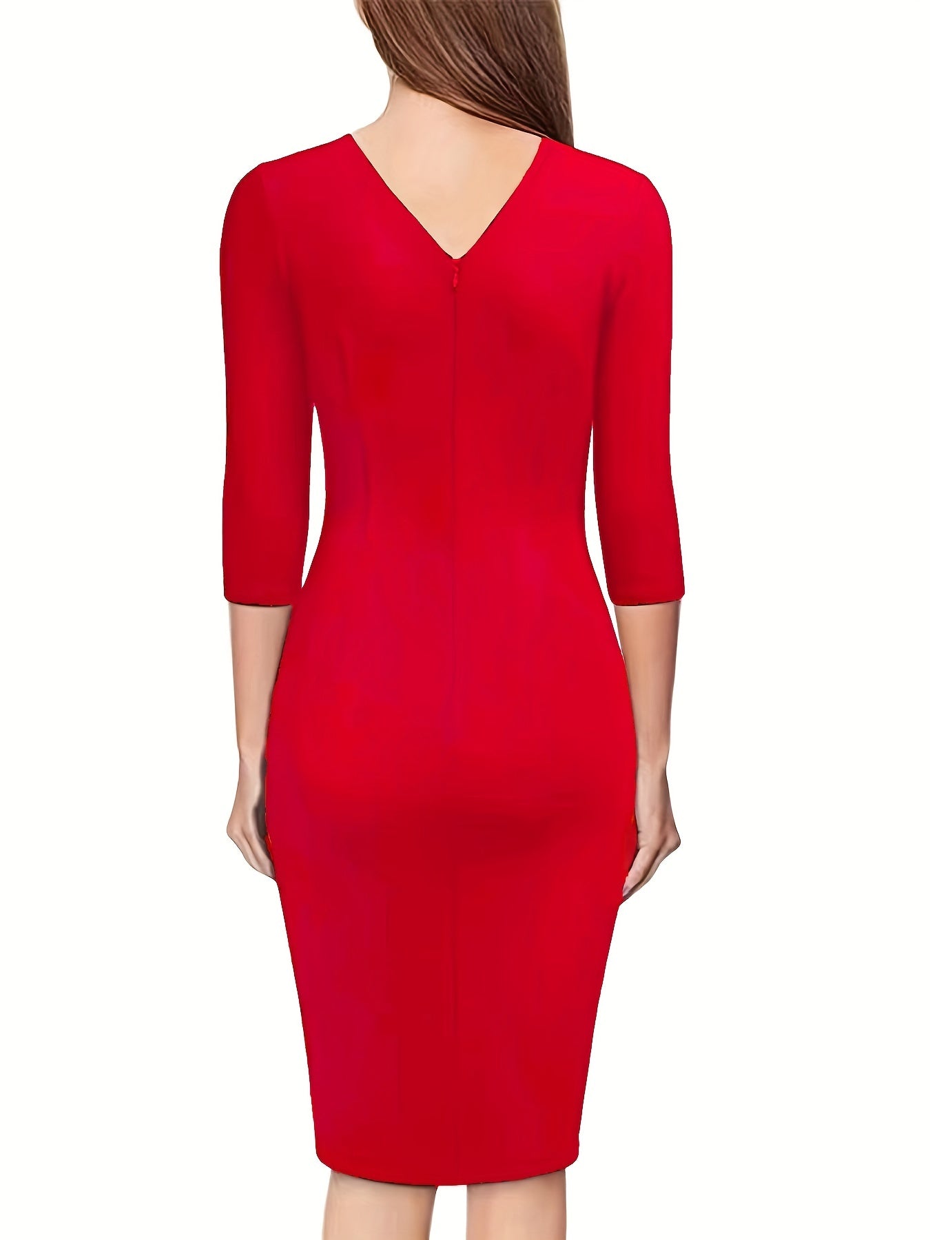 Chic V-Neck Bodycon Dress - 3/4 Sleeve Elegant Pencil Fit for Office Wear, Women's Fashion