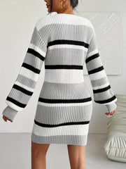 Cozy Stripe Acrylic Knit Sweater Dress for Women - Soft Crew Neck, Long Sleeve, Midi Length, Color Block Pattern, Elegant Fall/Winter Collection, Casual Chic, Versatile, and Comfortable