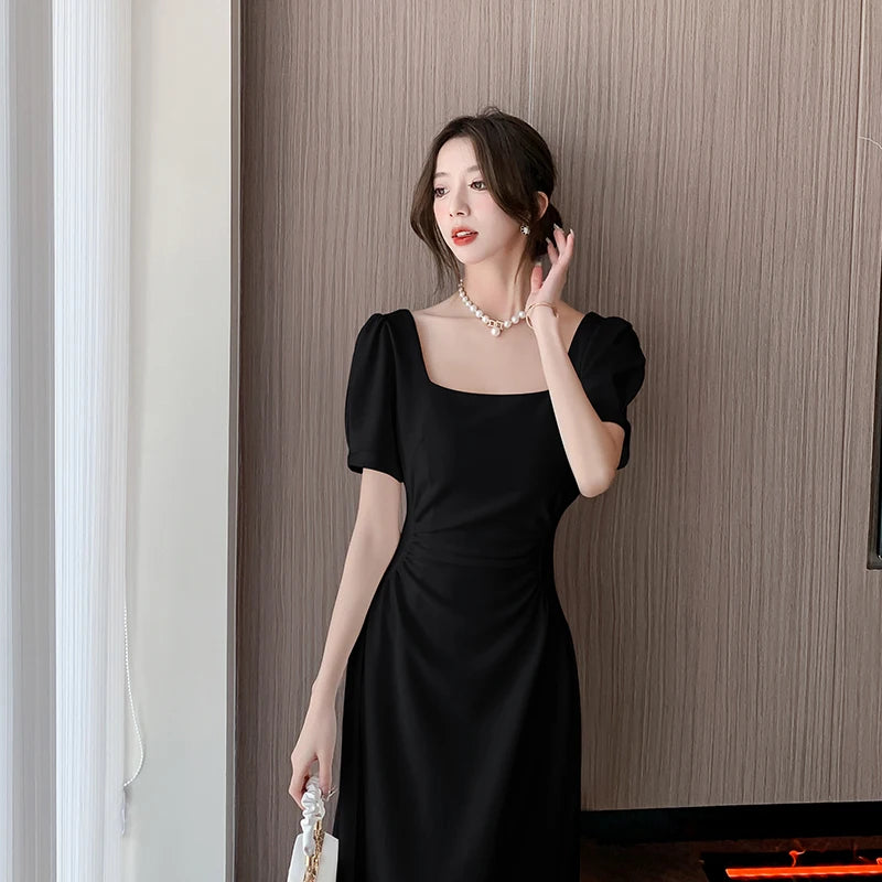 Summer New Elegant Party White Midi Dresses for Women Korean Square Collar Puff Sleeve Slim Holiday Casual Female Clothing