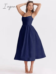 Ingvn - Elegant A-line Loose Midi Dress Women Gown Spaghetti Strap Sleeveless Backless French Retro Sexy Long Dress Vestidos