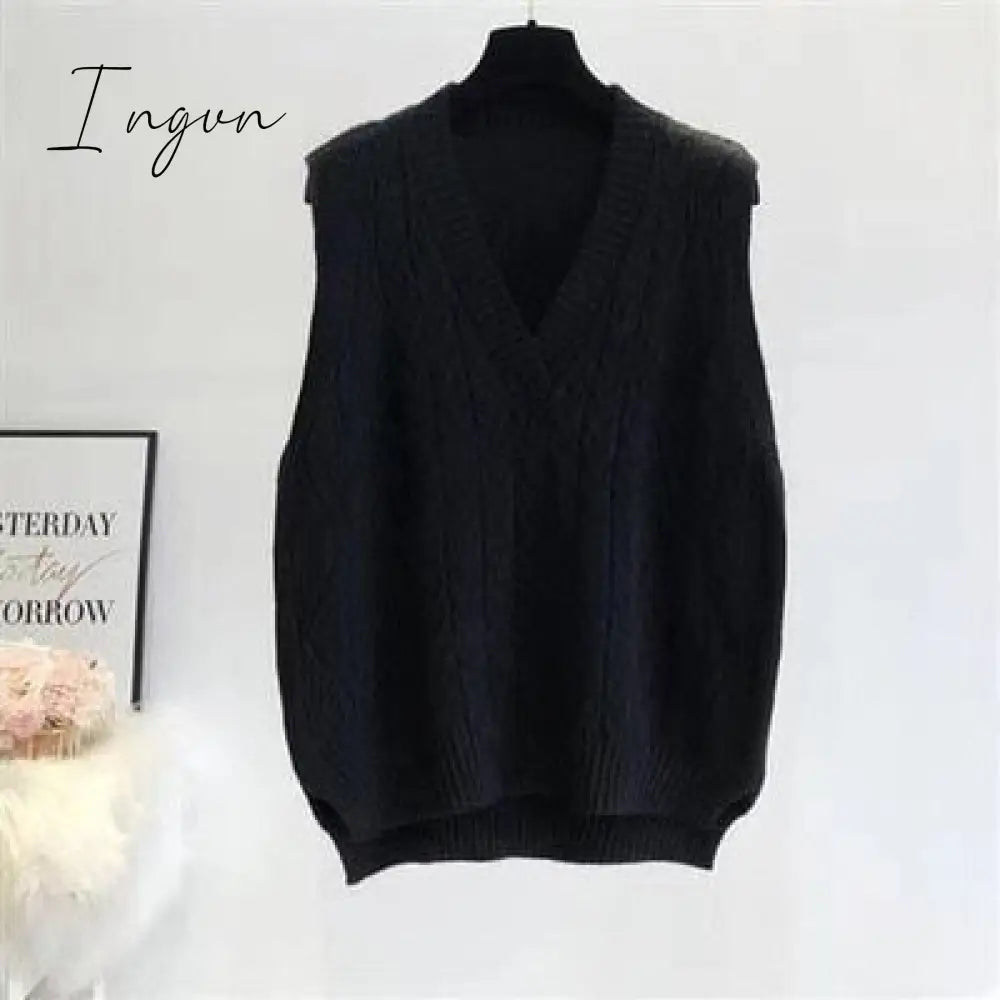Ingvn - Autumn Women's Sweater Vest V-neck Sleeveless Irregular Casual Loose Knitted Pullover Tops Female Outerwear