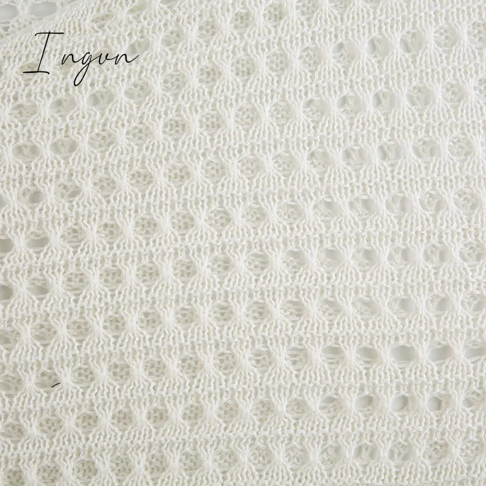 Ingvn - Hot Sell Irregular Hollow Out Knitted Y2K T-Shirts Women Summer Vacation Clothes O Neck Flare Sleeve See Through Casual Tops