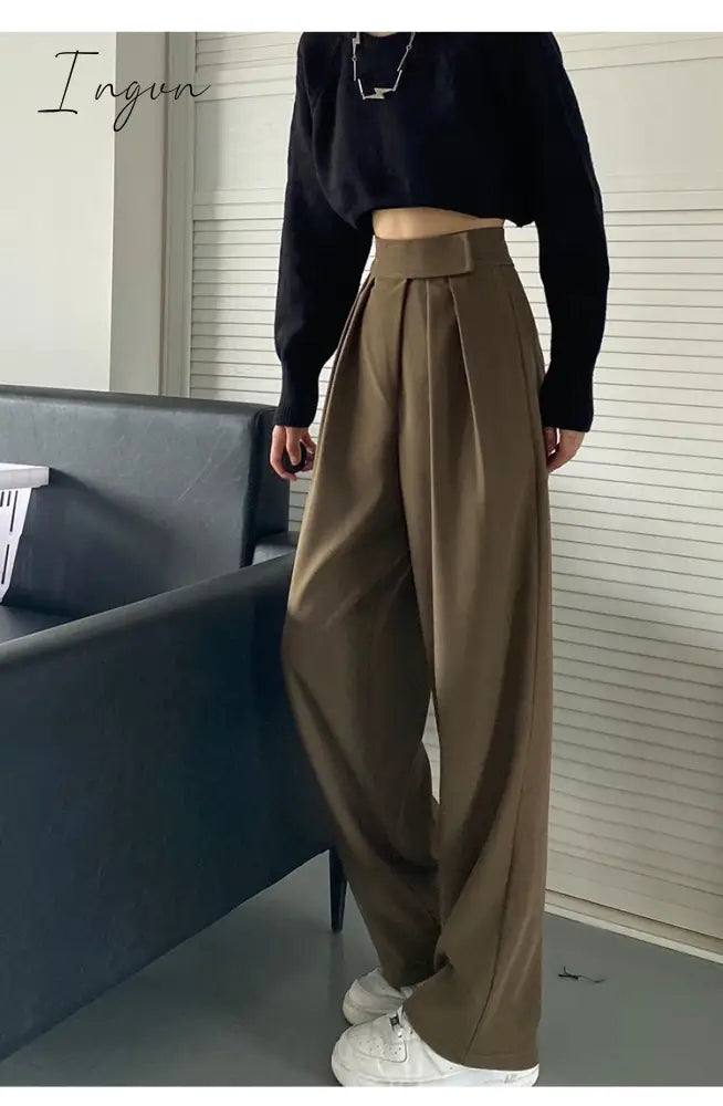 Ingvn - Brown Wide Leg Women's Classic Suit Pants Vintage Palazzo Office Elegant Casual Balck Trousers Female High Wasit Pants