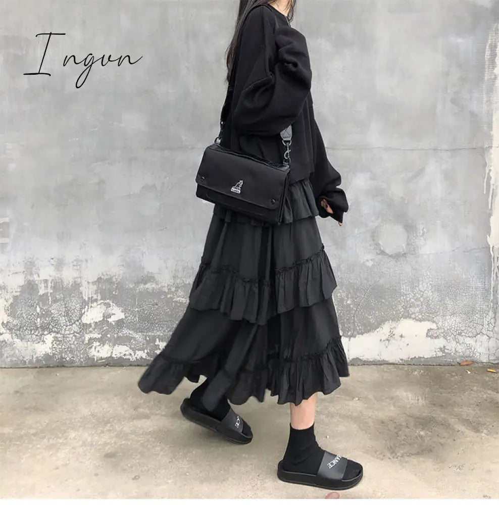 Ingvn - Midi Long Skirts Womens Maxi Skirt Goth Lolita Summer High Waisted Asymmetrical High Low Ruched Ruffle Skirts rok