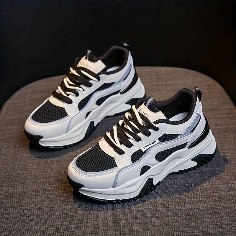 Women's Fashion Contrasting Sneakers, Casual Sports Shoes, Breathable Chunky Sole Lace-Up Design