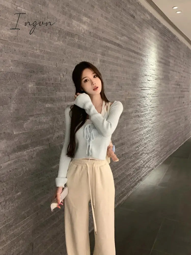Ingvn - Pure Color Fake Two Pullover Korean Style Y2k Crop Tops Woman Slim Causal Long Sleeve Knitted Sweater Clothing 2023 Spring Chic