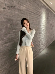 Ingvn - Pure Color Fake Two Pullover Korean Style Y2k Crop Tops Woman Slim Causal Long Sleeve Knitted Sweater Clothing 2023 Spring Chic