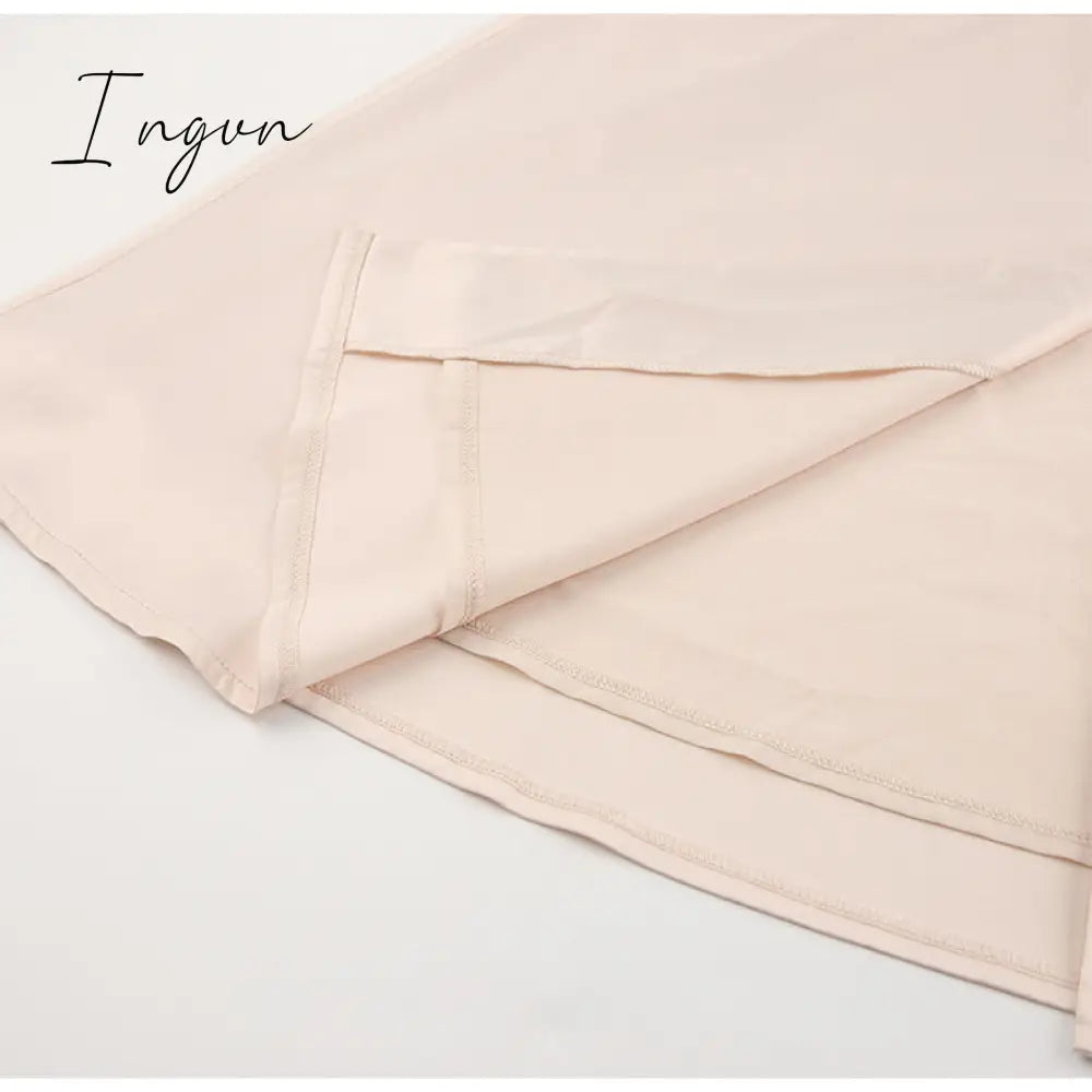 Ingvn - Elegant spring satin bishop sleeve a-line dress women V-neck high waist button dress solid Vintage long dresses chic