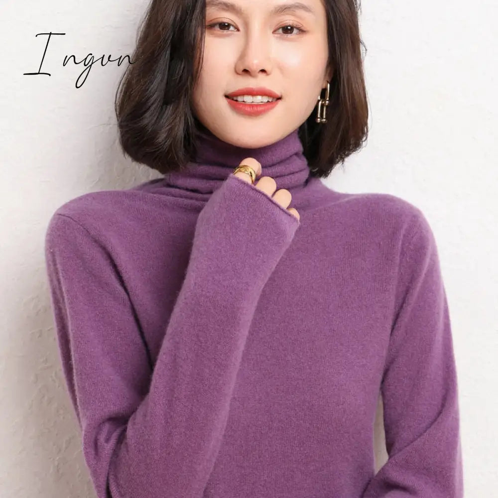 Ingvn - 100% Pure Wool Cashmere Sweater Fall/Winter Pile Collar Pullover Korean Fashion Casual Knitted Tops Women Jacket Long Sleeve