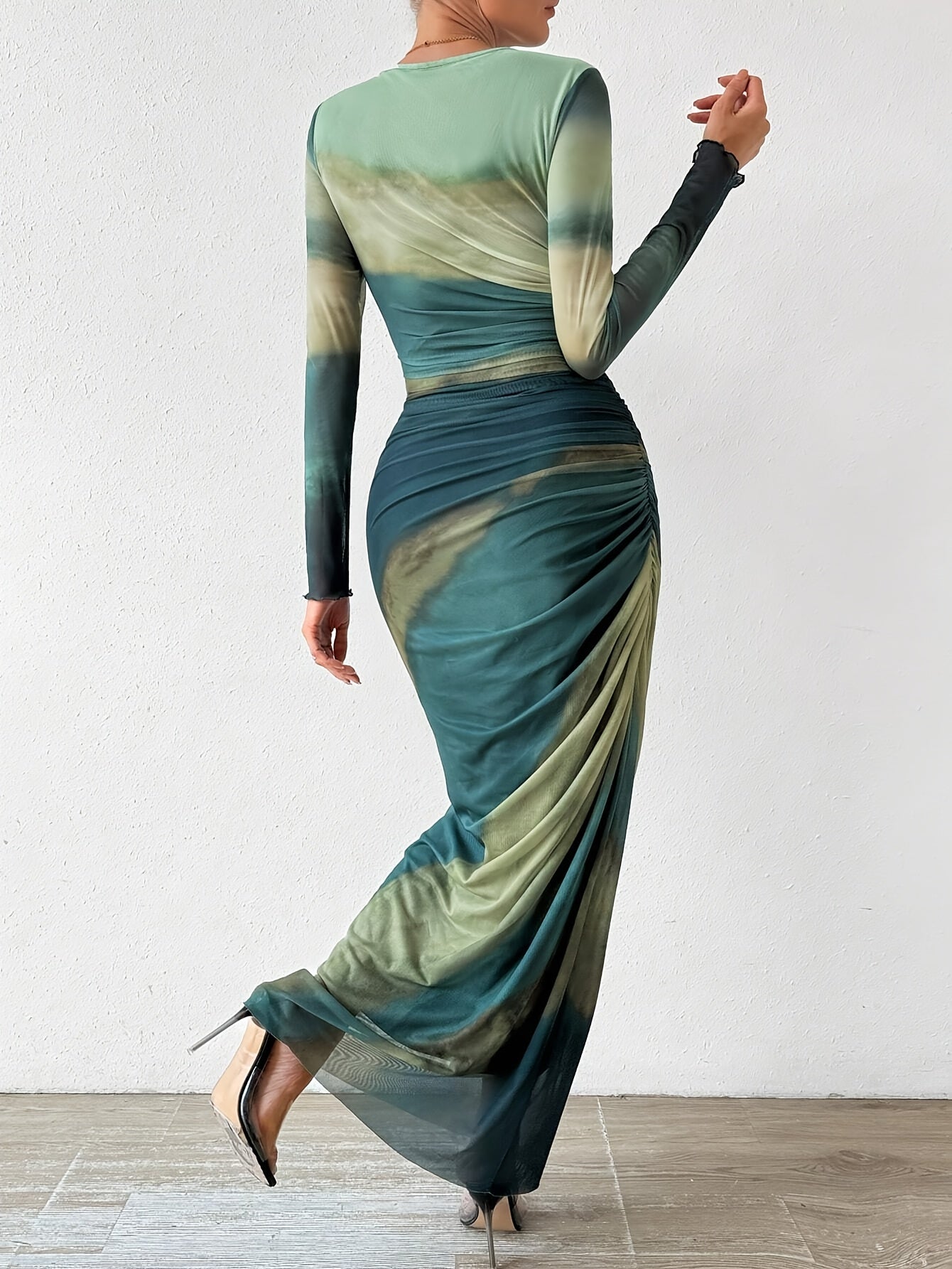 Women'S Elegant Leopard Print Sheer Tulle Long Sleeve Dress, Crew Neck Knit Polyester Spandex Blend, All-Season Tunic with Lining, 95% Polyester 5% Spandex, 92gsm Fabric Weight, 140gsm Lining Weight