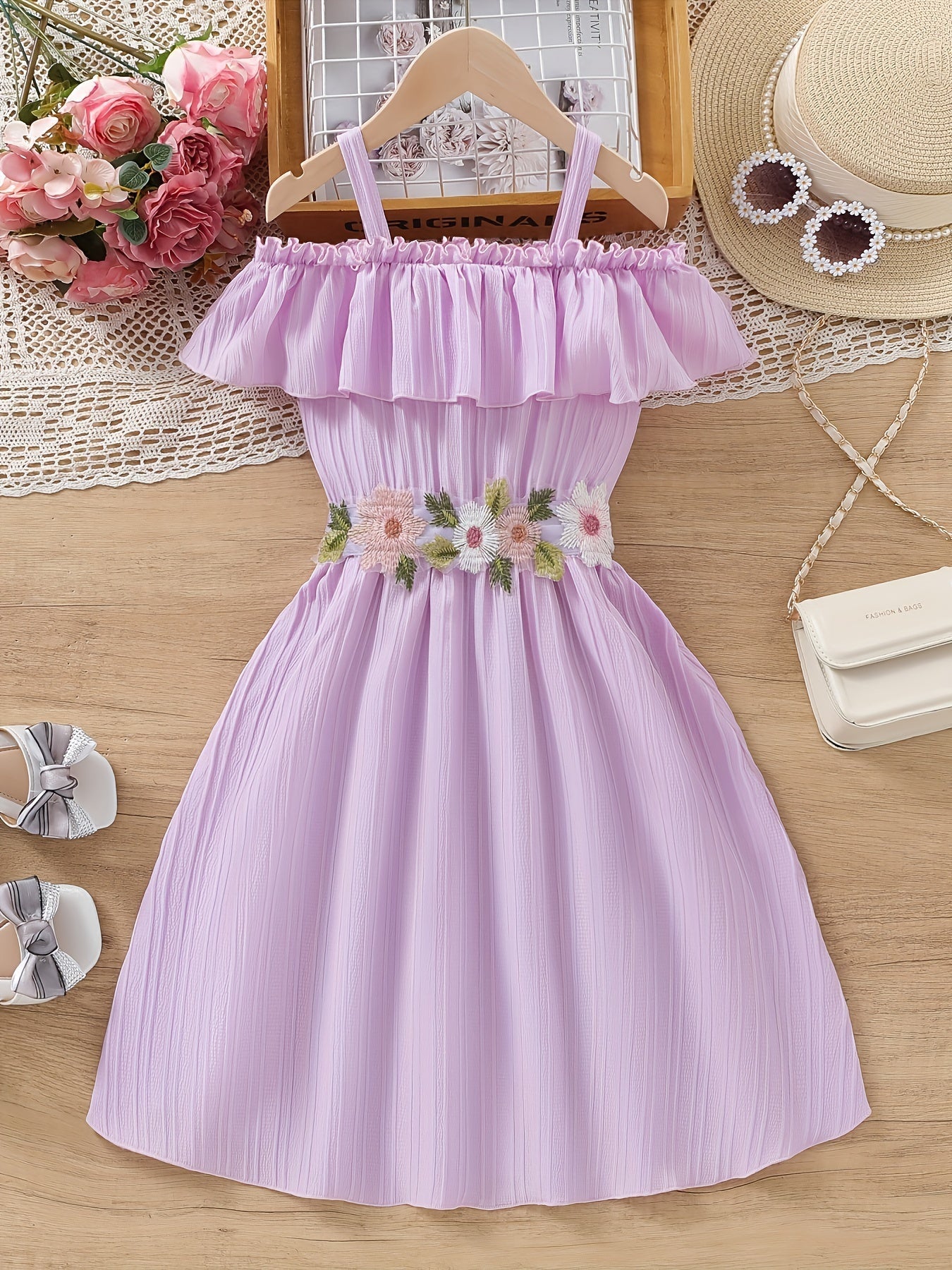 Charming Floral Ruffle Off-Shoulder Suspender Dress - Casual, Elegant, Spring and Summer Essential for Girls - Embroidered Flower Design, Comfortable and Versatile