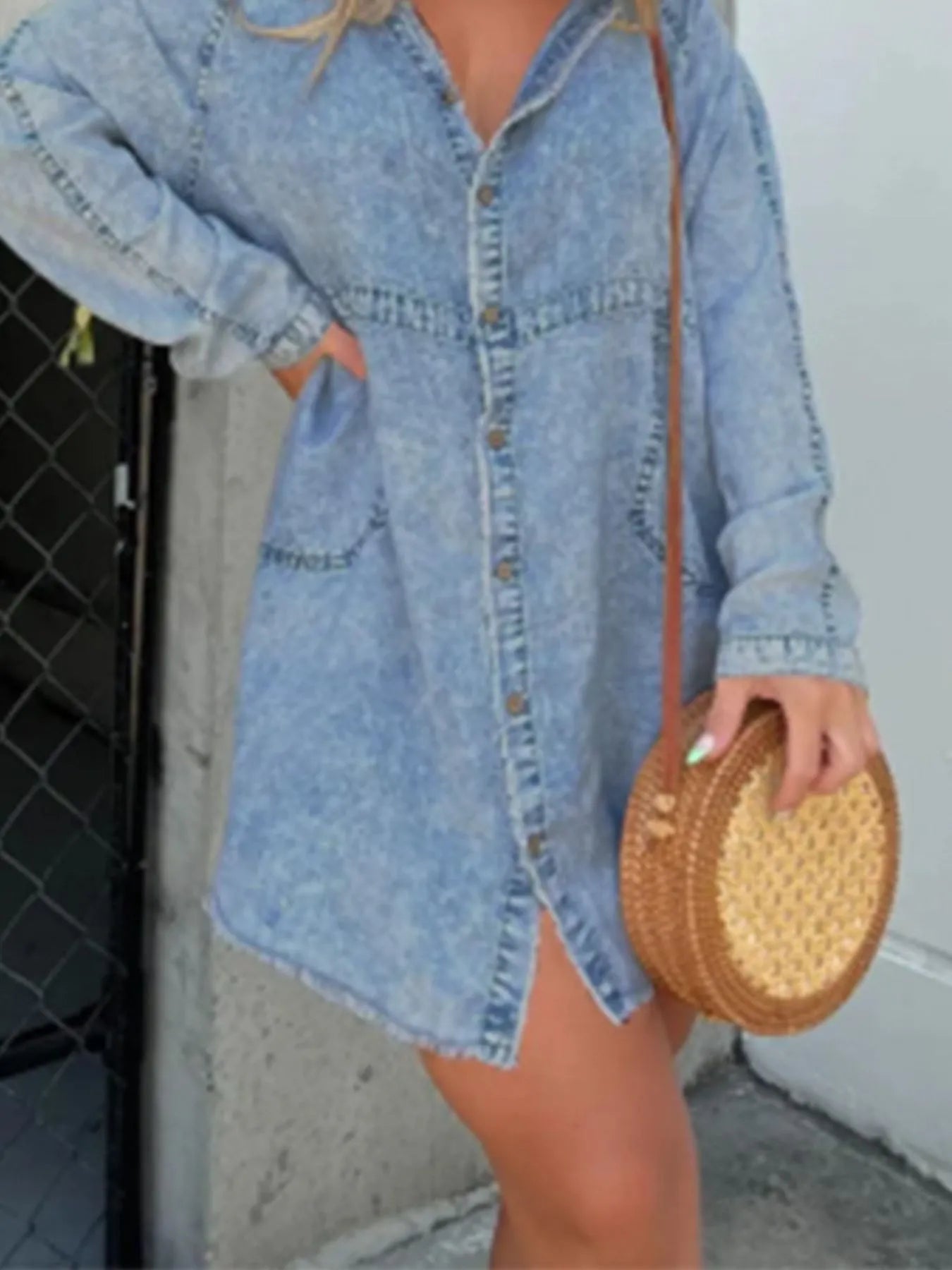 Full Size Button-Front Long Sleeve Denim Shirt Dress Plus Size