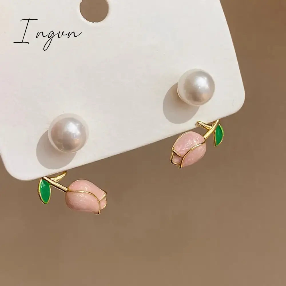 French Light Luxury Pink Tulip Flower Pearl Stud Earrings For Women Korean Zircon Exquisite Earring Party Christmas Jewelry Gift