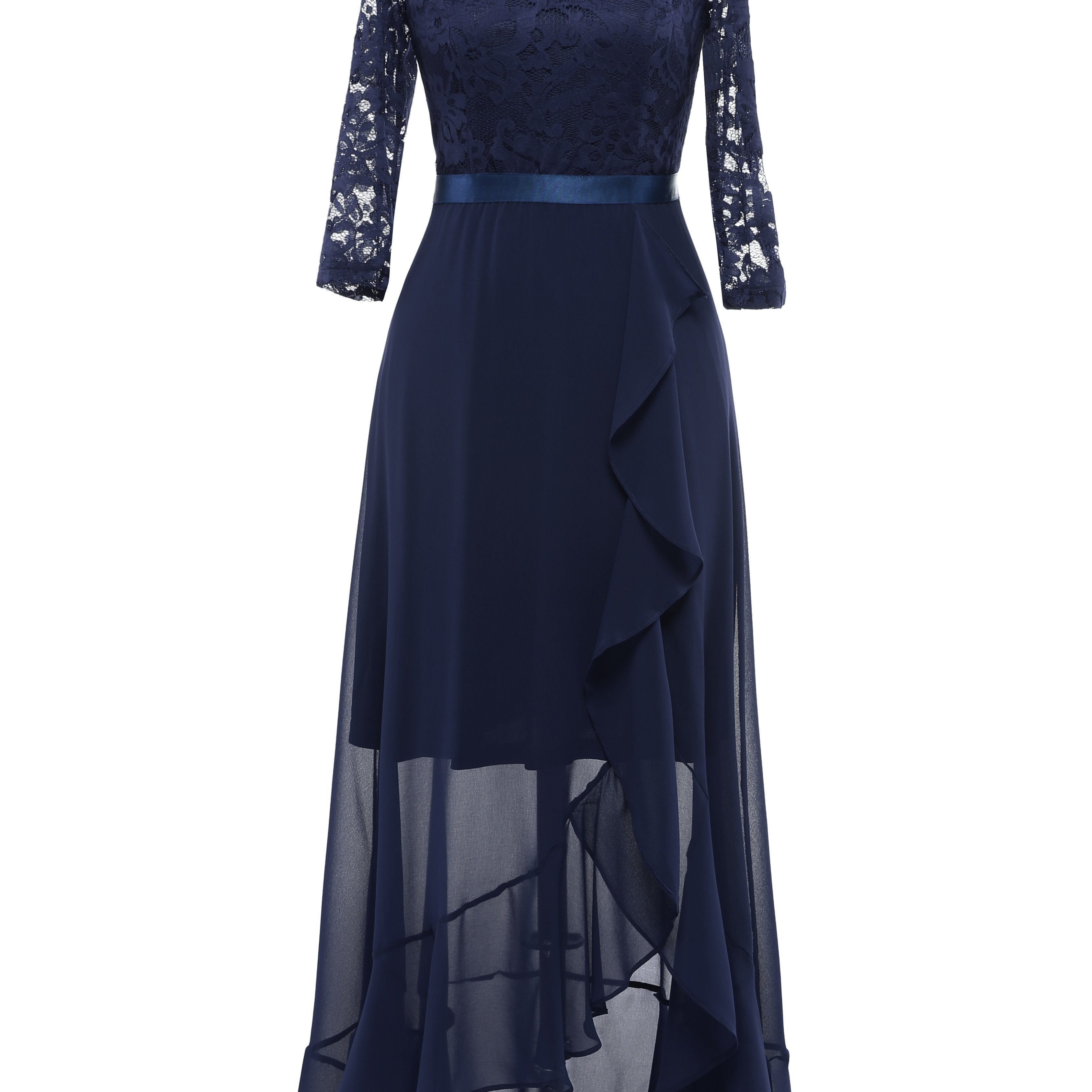 Solid Lace Splicing Aline Dress, Elegant V-neck Ruffle Hem Asymmetrical Dress For Wedding Party, Women's Clothing Wedding graduation engagement occasion ceremony party holiday vacation birthday