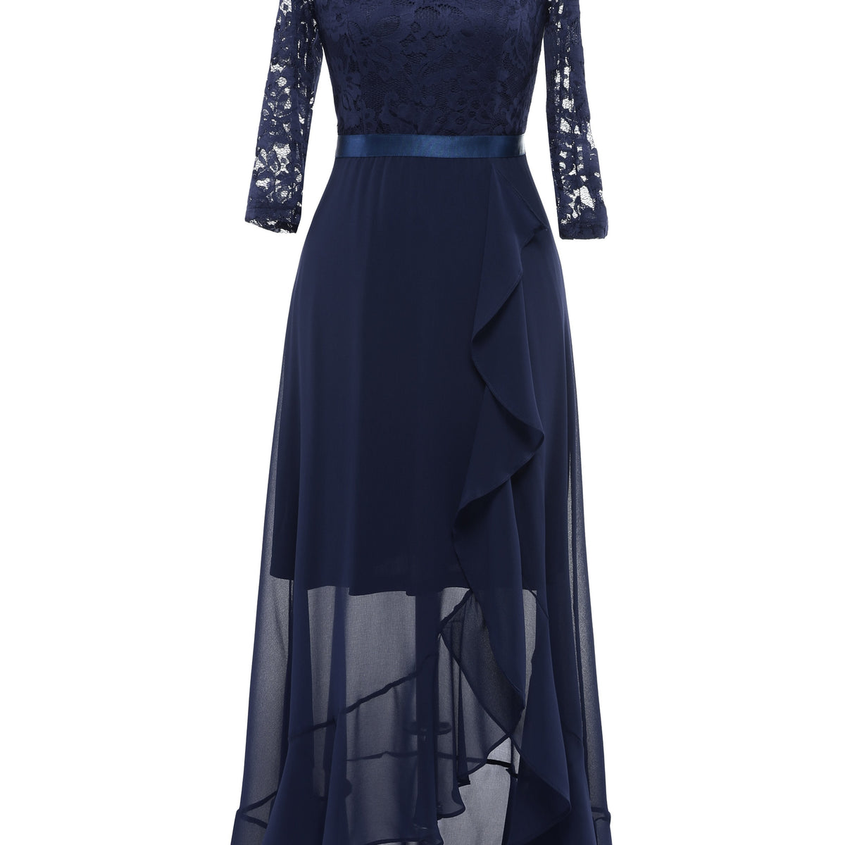 Solid Lace Splicing Aline Dress, Elegant V-neck Ruffle Hem Asymmetrical Dress For Wedding Party, Women's Clothing Wedding graduation engagement occasion ceremony party holiday vacation birthday