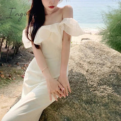 Ingvn - Vinatge Elegant Apricot Dress Women Slash Neck Mesh Patchwork Puff Short Sleeve Off Shoulder Dresses Bodycon Vestido