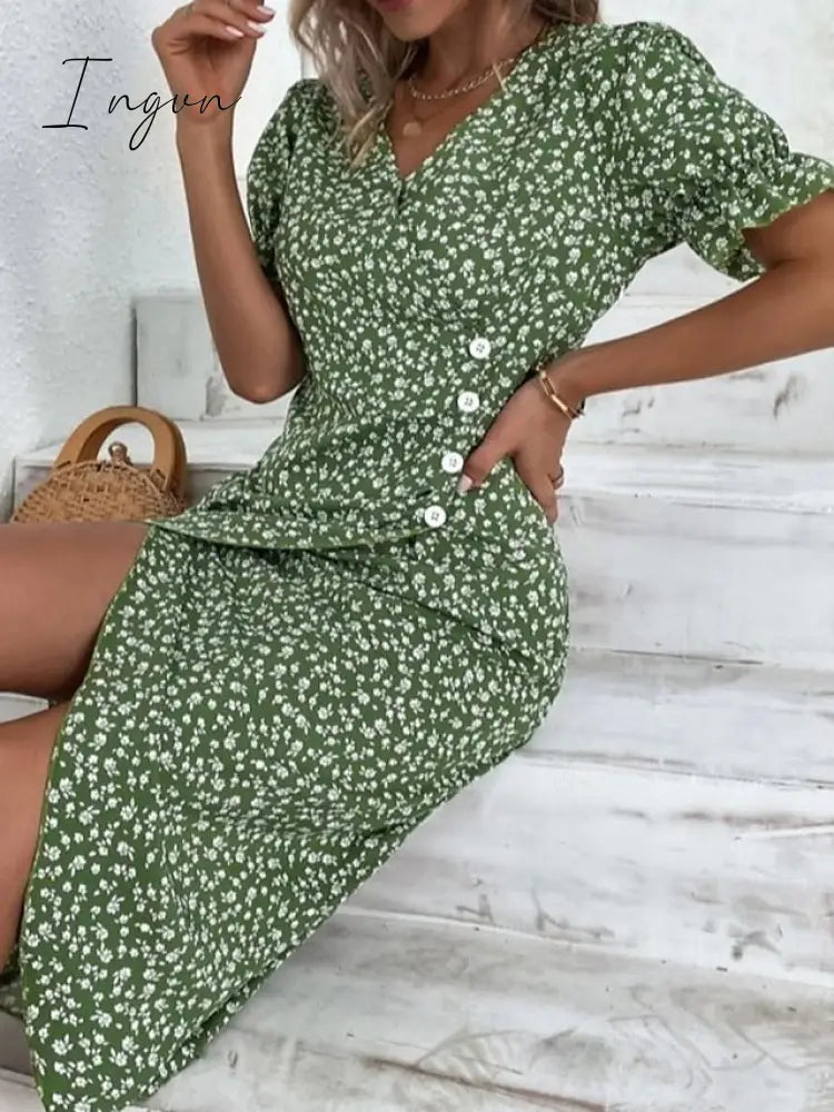 Ingvn - Women's Casual Dress Wrap Dress Floral Dress Floral Button Print V Neck Midi Dress Fashion Classic Daily Holiday Short Sleeve Regular Fit Black Dark Red Yellow Summer Spring S M L XL XXL